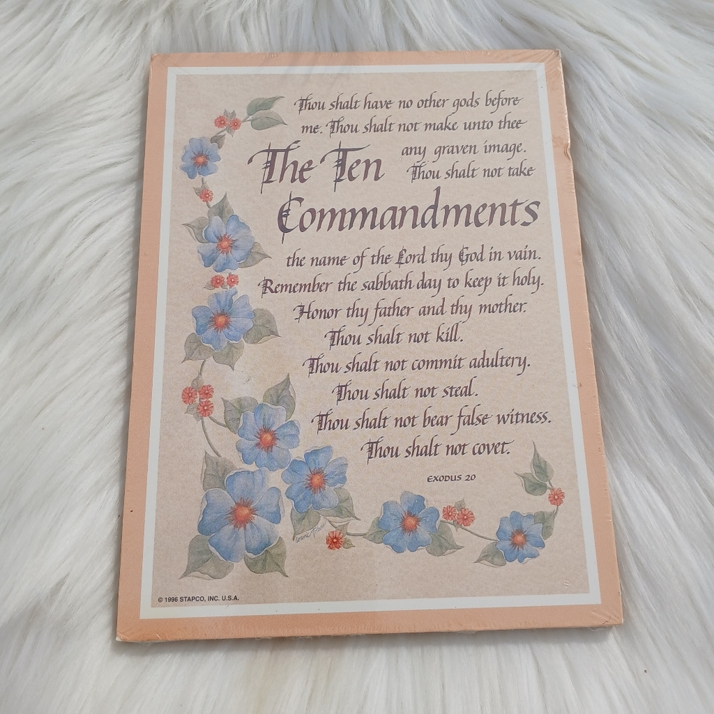 Vintage 1996 The 10 Commandments Wooden Wall Hanging Plaque Floral Flowers 90s
